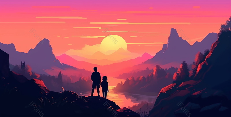 夕阳日落下的情侣享受山水画,插画/手绘图,插画/手绘图库,插画/手绘图下载,插画/手绘